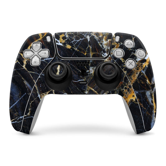 PlayStation 5 controller skin with dark blue and gold marble wrap, buttons covered