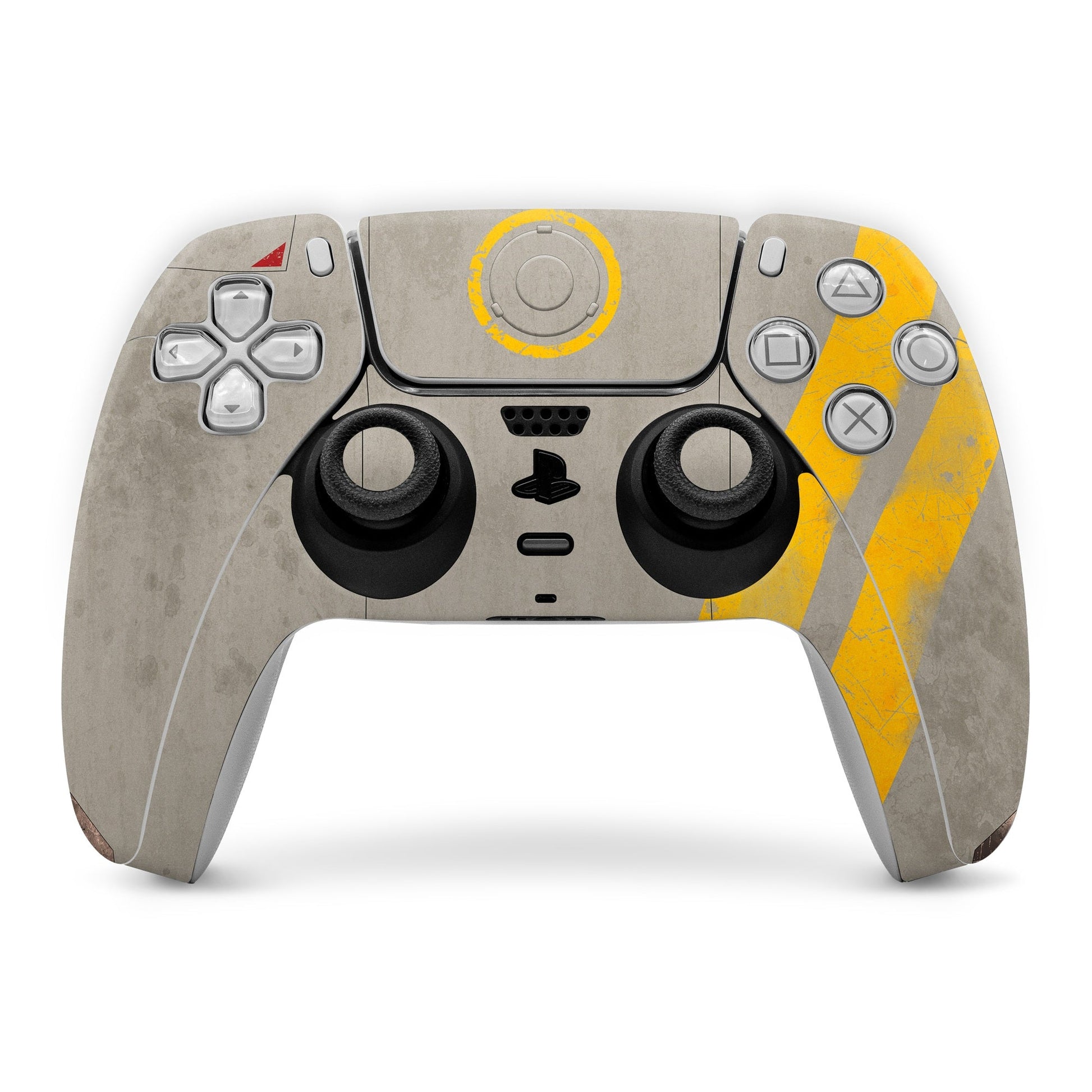 PlayStation 5 controller skin, gray with yellow abstract panel and button icons