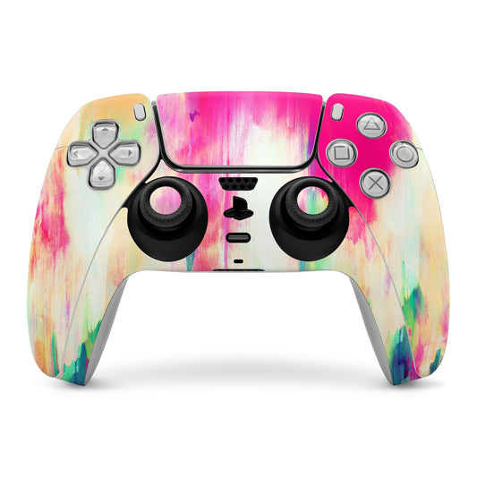 PlayStation 5 controller skin, rainbow electric haze pattern, front buttons