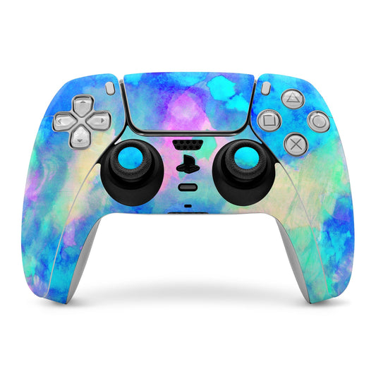 PS5 controller skin with ice blue abstract galaxy pattern, full front and back buttons visible