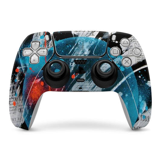 Sony PS5 controller skin, blue ocean splash graphic with abstract splatters