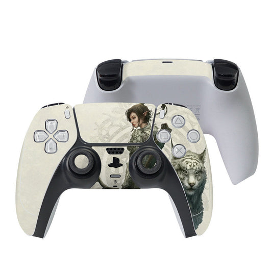PS5 controller skin with elf girl and wolf artwork on light tan, button cutouts