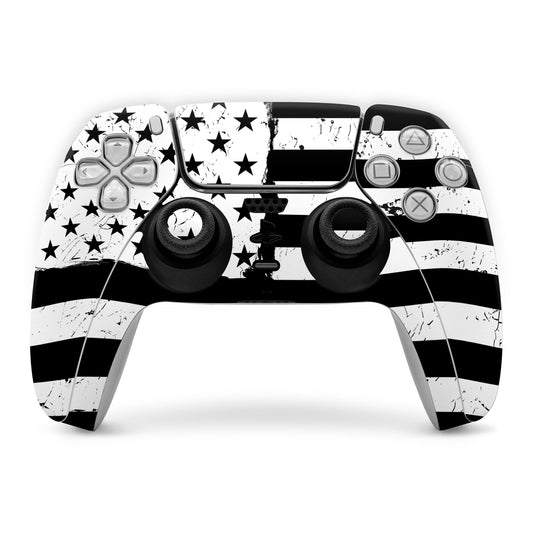 Sony PS5 controller skin with black and white star and stripe design