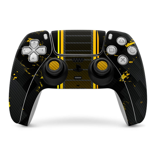 Black PS5 controller skin with yellow racing stripes and carbon fiber pattern