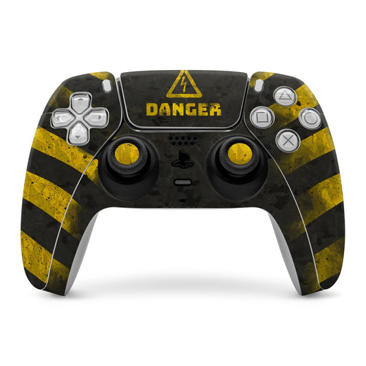 Sony PS5 controller skin with yellow hazard stripes, danger triangle, DANGER text