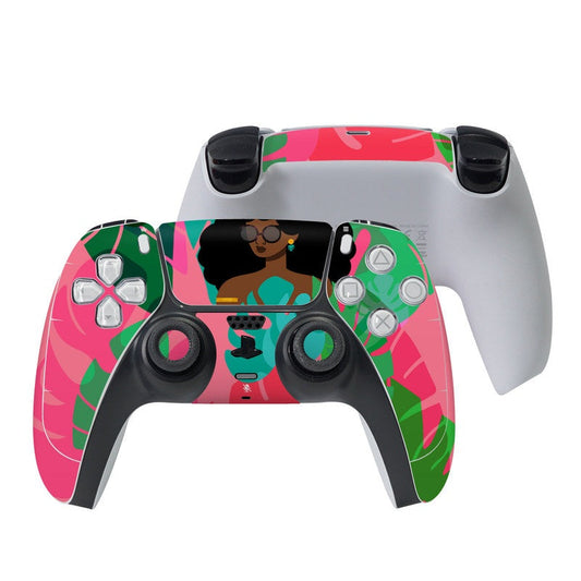 PS5 controller skin with pink and green graphic pattern over the dualsense buttons
