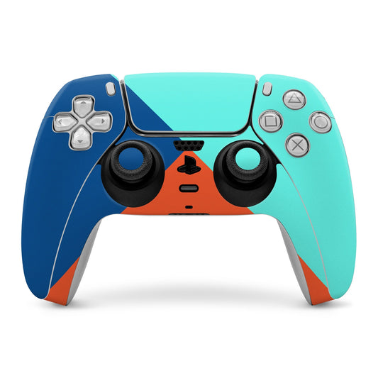Sony PS5 controller skin with blue, teal and orange wrap and cutouts for buttons
