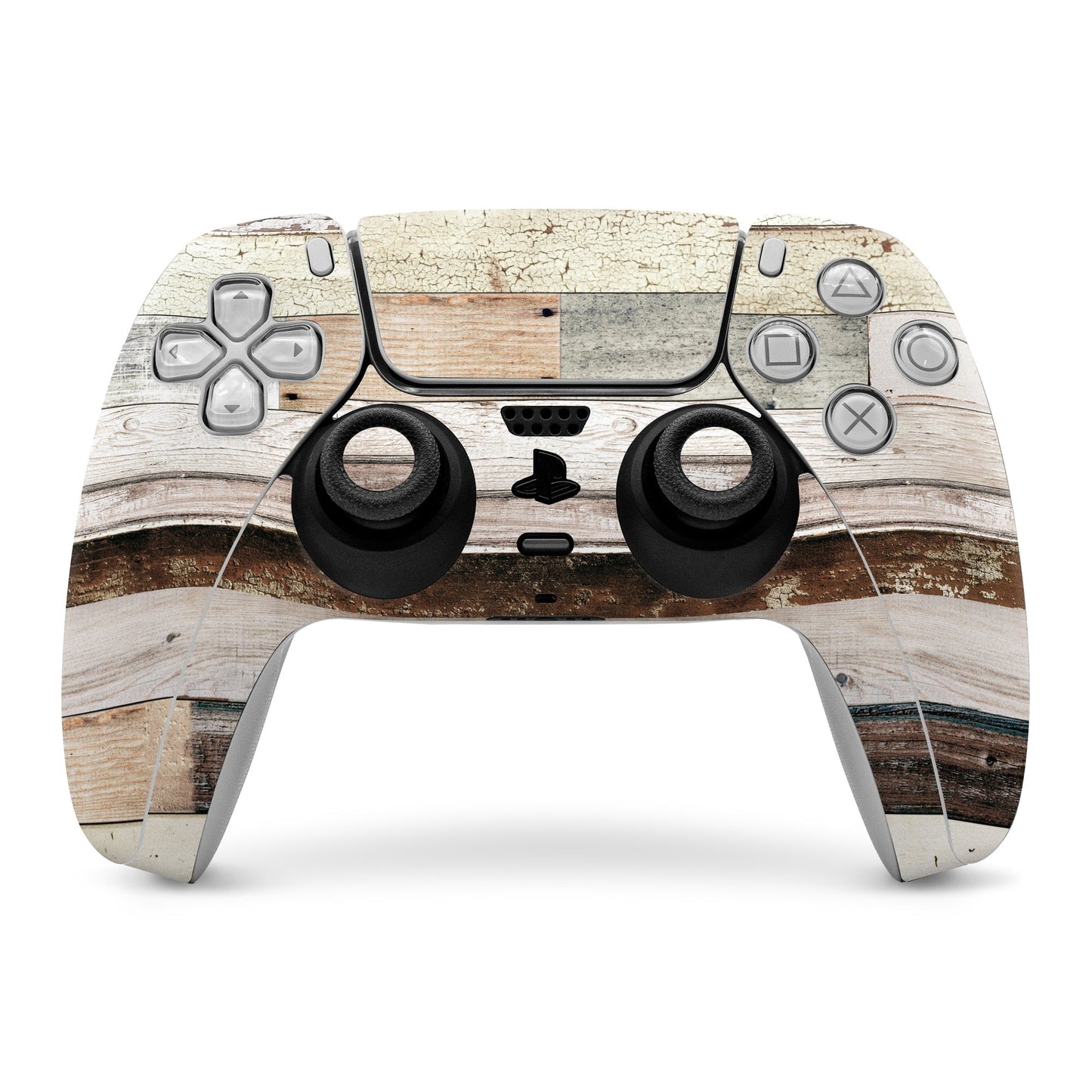 PS5 DualSense controller skin with light gray and brown wood-grain design
