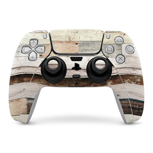 PS5 DualSense controller skin with light gray and brown wood-grain design