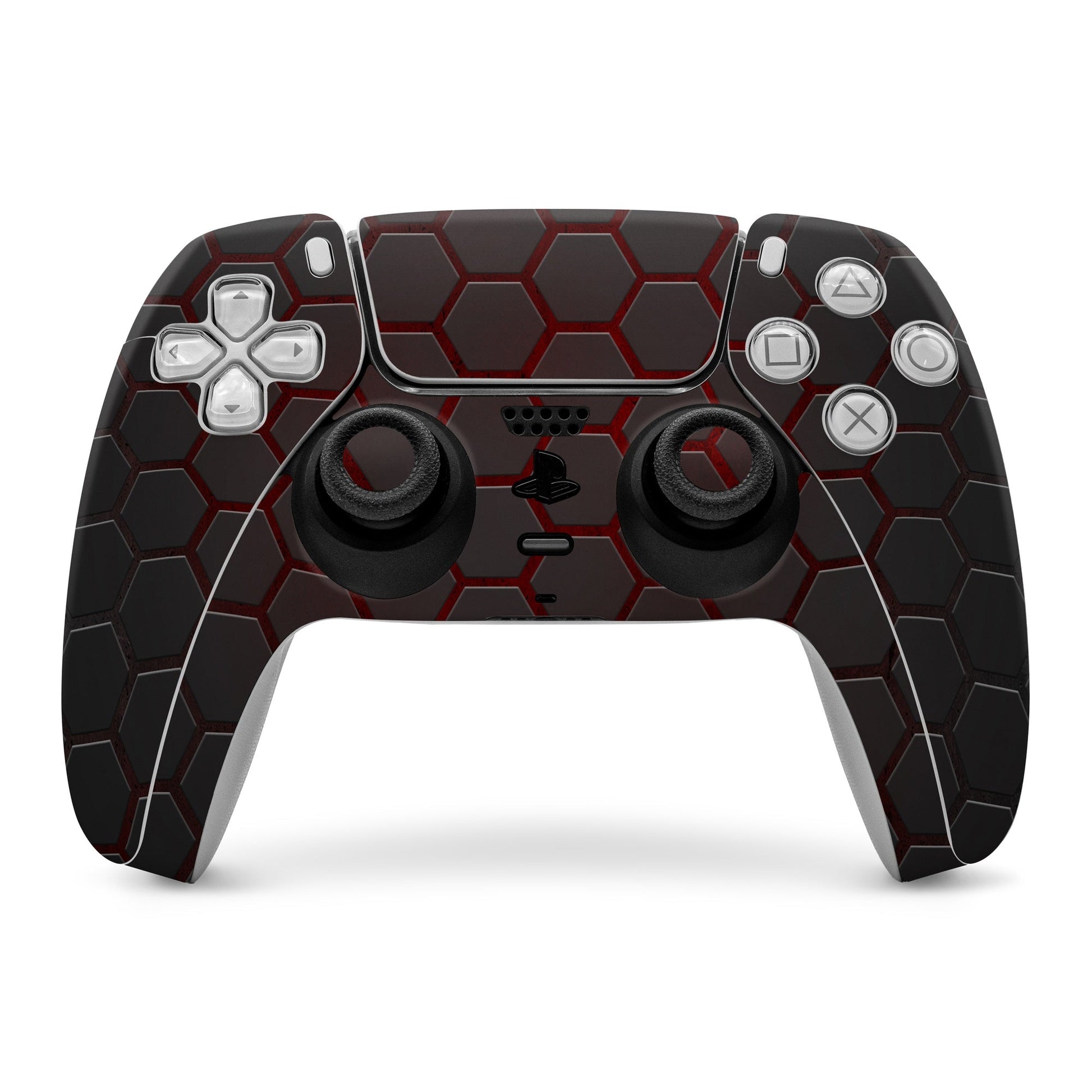 PS5 controller skin with black hex pattern and red accents, cutouts for buttons and sticks