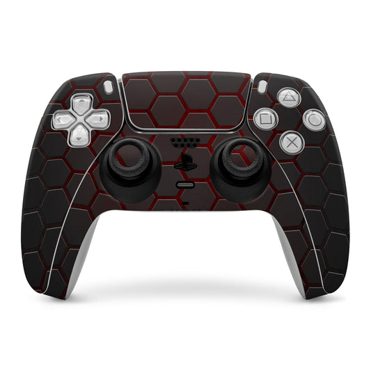PS5 controller skin with black hex pattern and red accents, cutouts for buttons and sticks