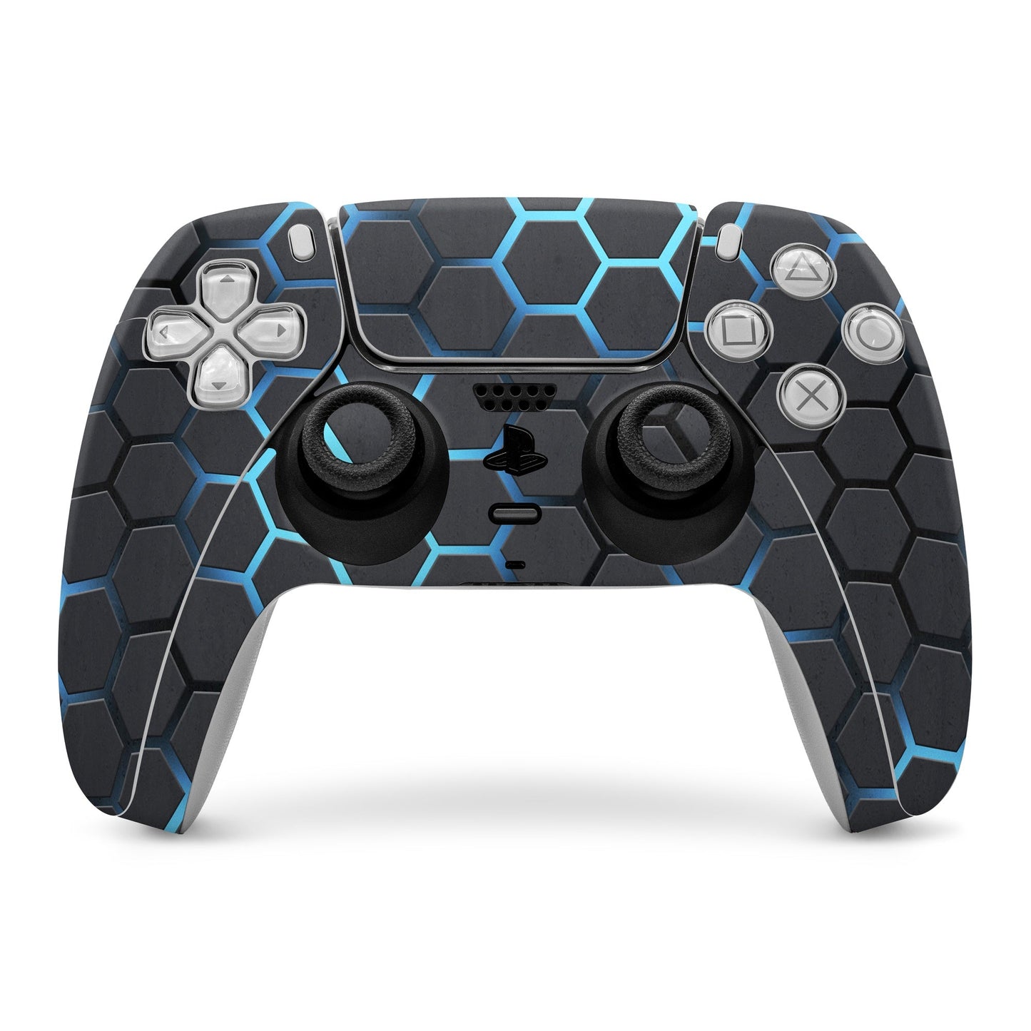 PS5 controller skin with black and blue hex pattern, cutouts for buttons and sticks
