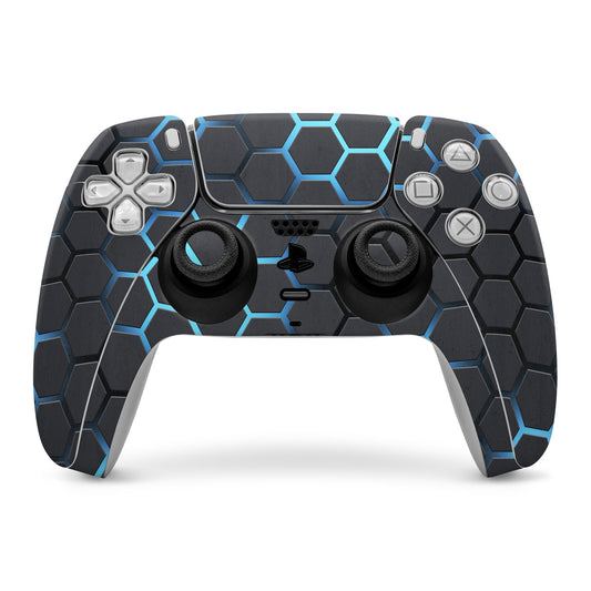 PS5 controller skin with black and blue hex pattern, cutouts for buttons and sticks