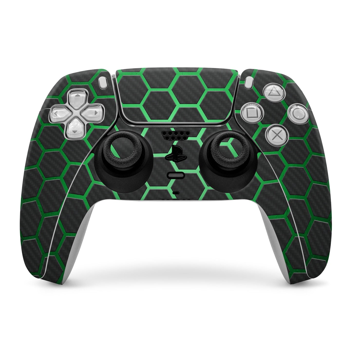 PlayStation 5 controller skin with green hexagon pattern and carbon texture