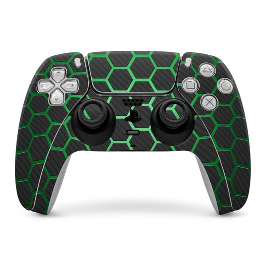 PlayStation 5 controller skin with green hexagon pattern and carbon texture