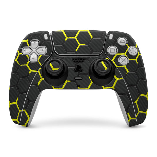 EXO Wasp PS5 controller skin with black carbon-fiber look and yellow hexagon web pattern