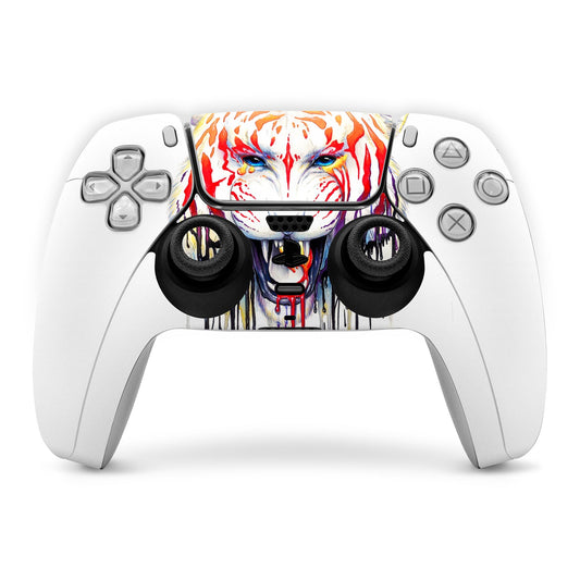 PS5 controller skin with tiger face and flame accents, covering front buttons and trackpad