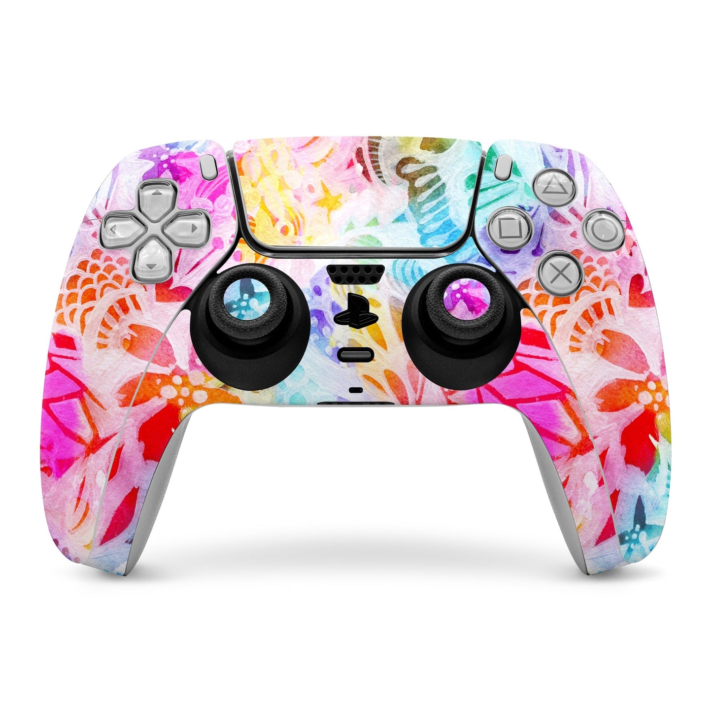 PS5 controller skin with colorful fairy-themed artwork on front face and buttons