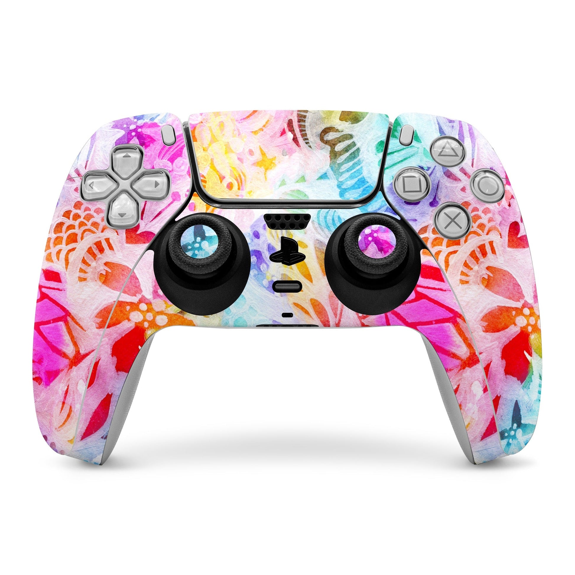 PS5 controller skin with colorful fairy-themed artwork on front face and buttons