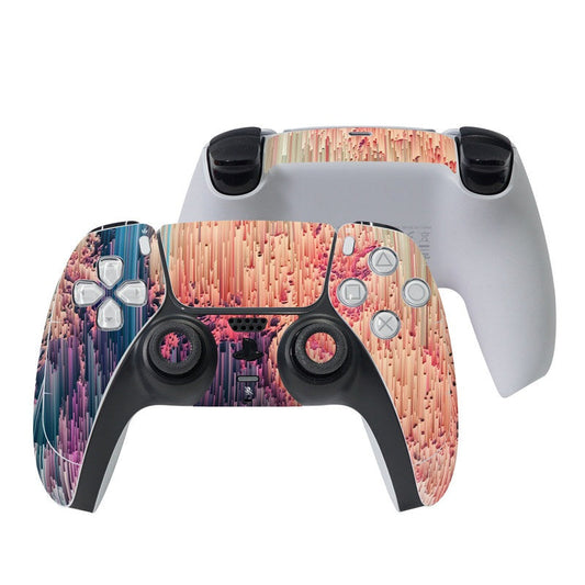 PlayStation 5 controller skin with pink and teal vertical pattern, matching buttons cutouts