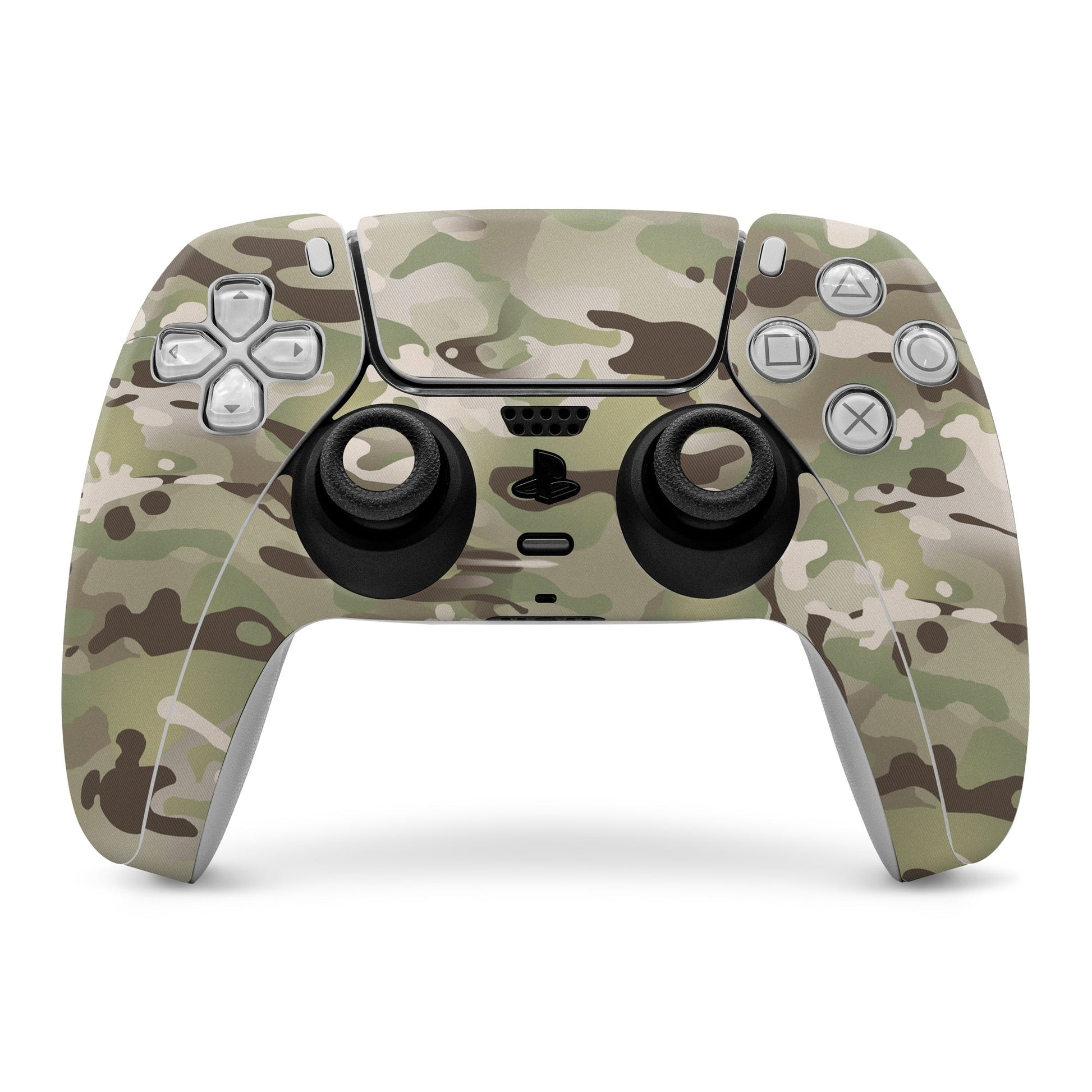 PS5 controller skin with green camouflage pattern, covers buttons and touchpad