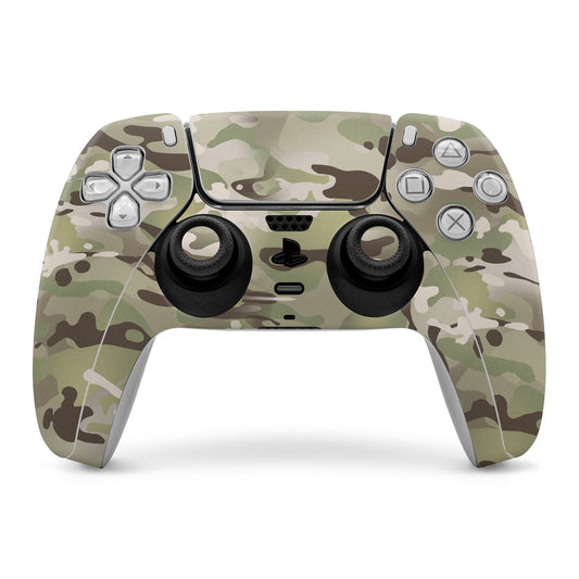 PS5 controller skin with green camouflage pattern, covers buttons and touchpad