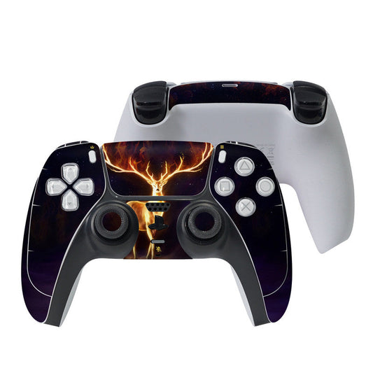 PS5 controller skin set with fiery flame graphic on black and purple controller fronts