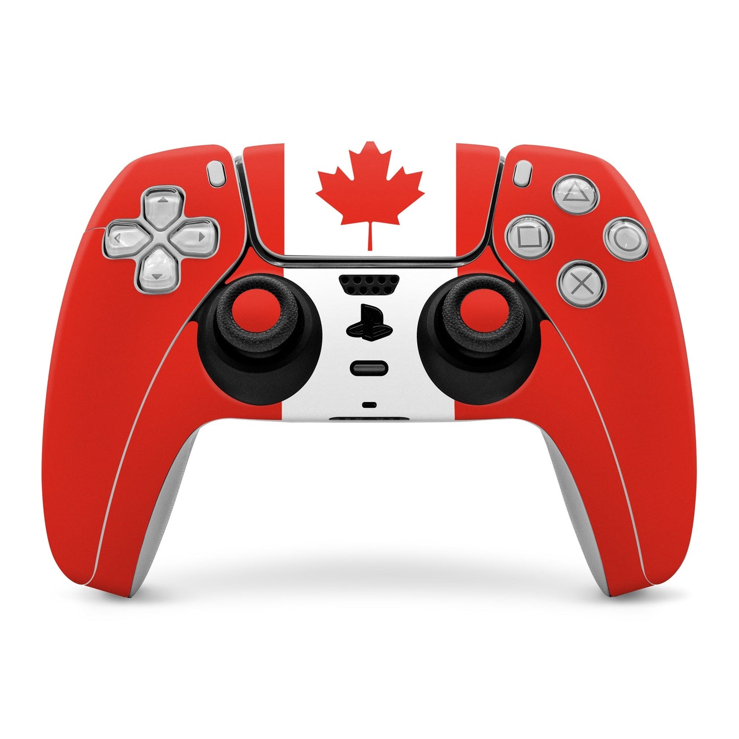 Canadian flag PS5 controller skin with red-white maple leaf design across controller front
