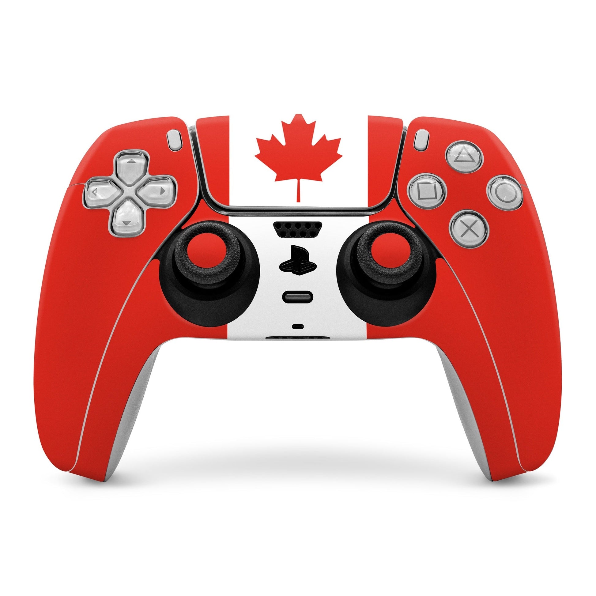 Canadian flag PS5 controller skin with red-white maple leaf design across controller front