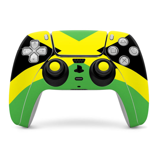 PS5 controller skin with Jamaican flag green, yellow, and black design on front and grips