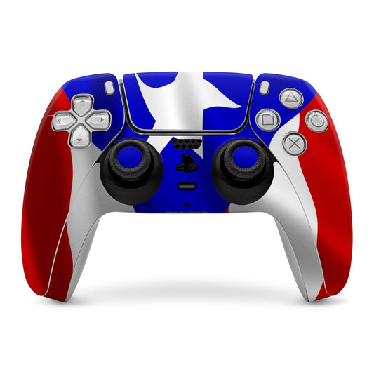 PS5 controller skin with Puerto Rican flag design, blue white cross and red sides