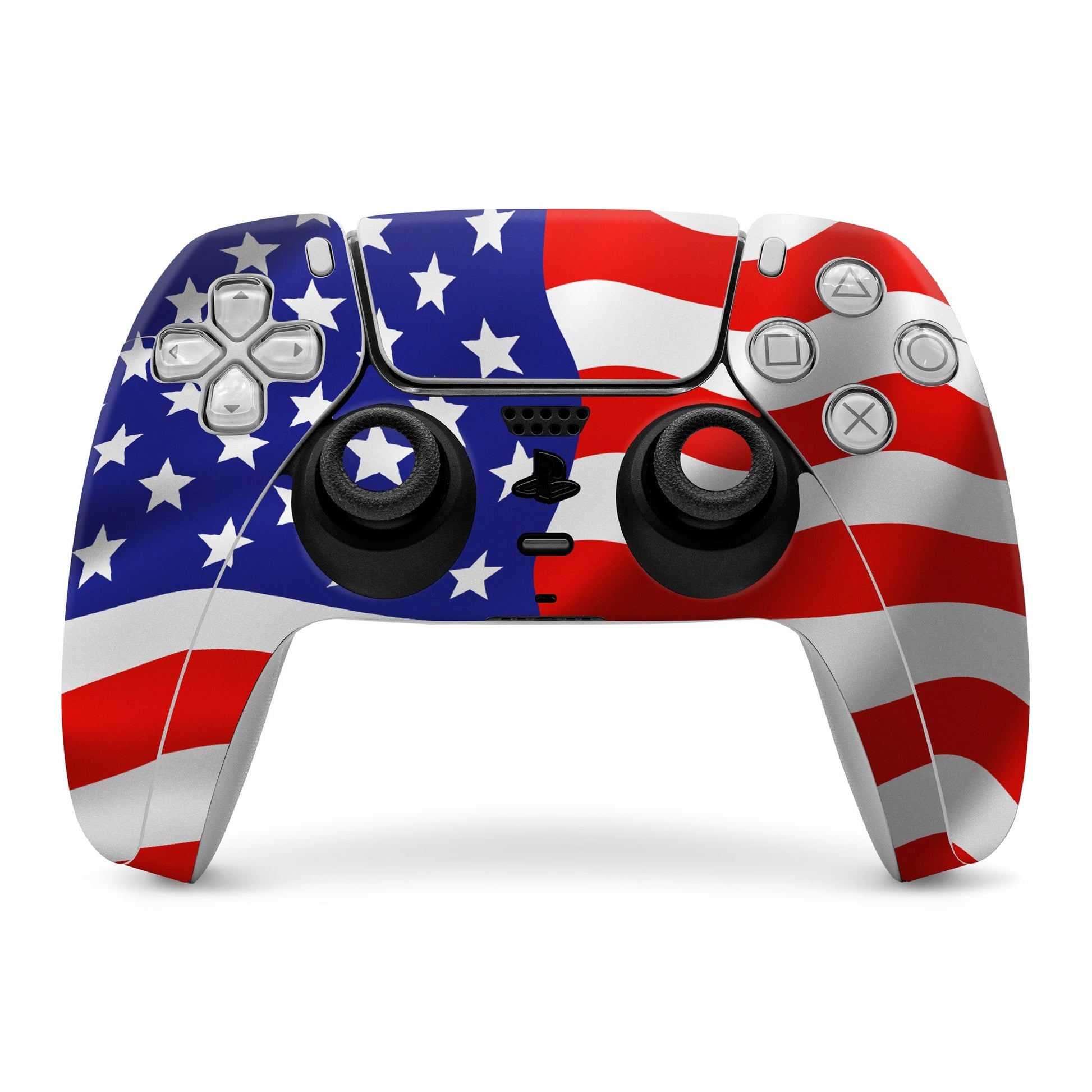 PlayStation 5 controller skin with blue stars and red-white stripes wrap