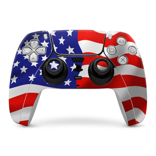 PlayStation 5 controller skin with blue stars and red-white stripes wrap