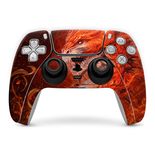 PS5 controller skin with fiery red and orange dragon artwork, molded grips and buttons