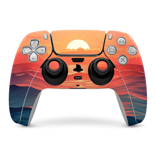 PS5 controller skin with orange sunset and ocean wave graphics on front