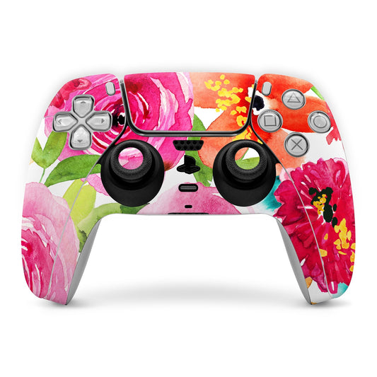 Floral game controller skin with watercolor pink, red, green graphics