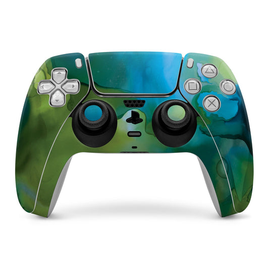 PlayStation 5 controller skin with blue-green abstract marbled design over front panel