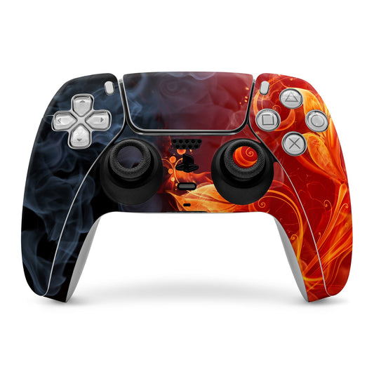 PS5 controller skin with fiery red-orange and black flame graphics, covering front panels