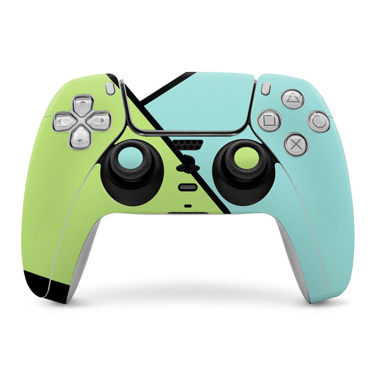 Color-block PS5 controller skin with lime and teal panels and button outlines