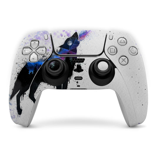 PS5 controller skin with purple blue galaxy and splatter graphic over white base
