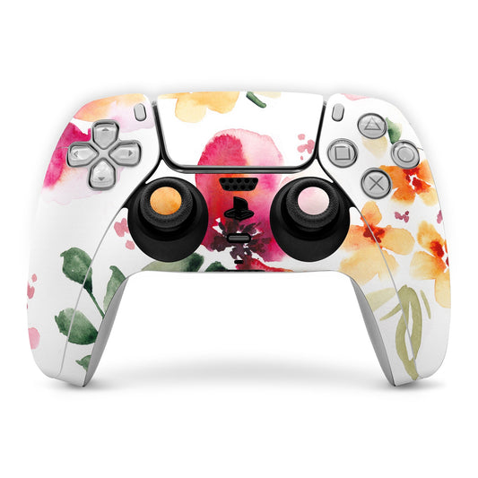 PS5 controller skin with white watercolor flowers and colored button covers
