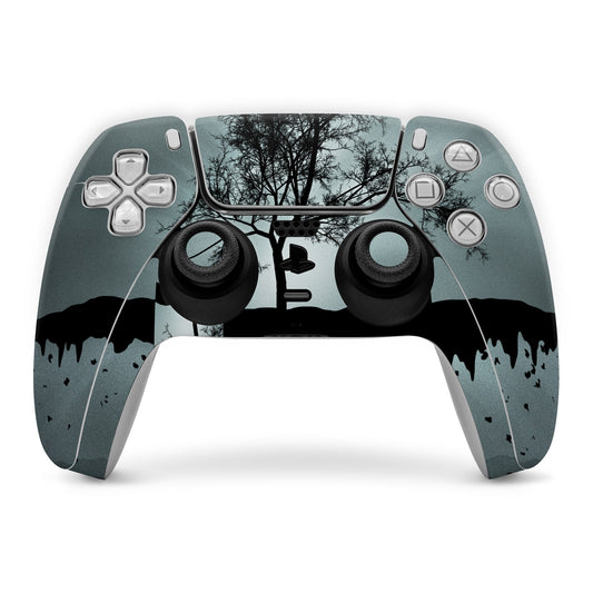 PS5 controller skin with dark tree silhouette graphic on teal controller face