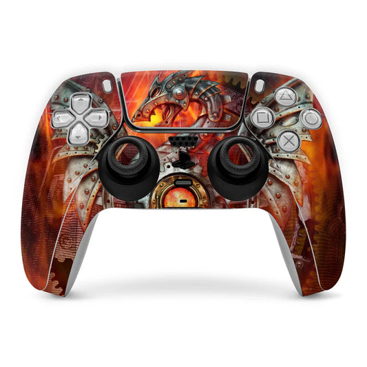 PS5 controller skin with orange-red furnace dragon graphic and metal armor look