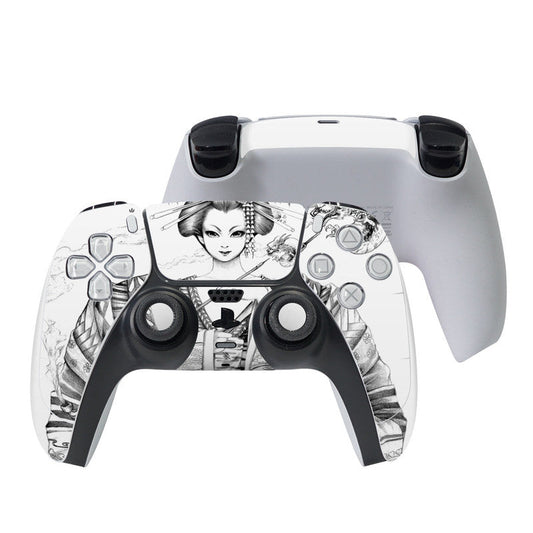 PS5 controller skin with black-and-white geisha sketch on front panels