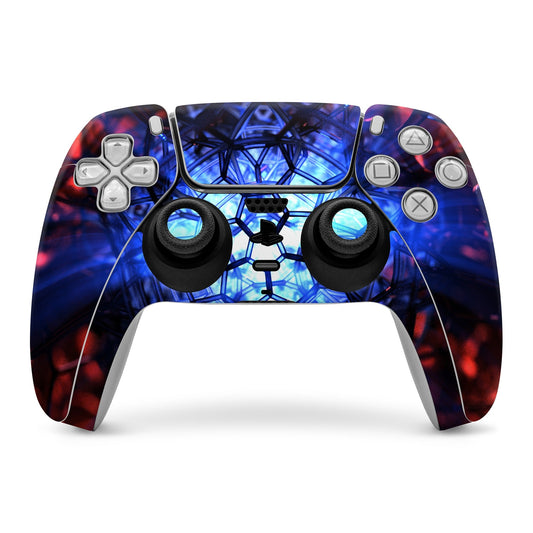 PlayStation 5 controller skin with blue geometric web pattern and red accents