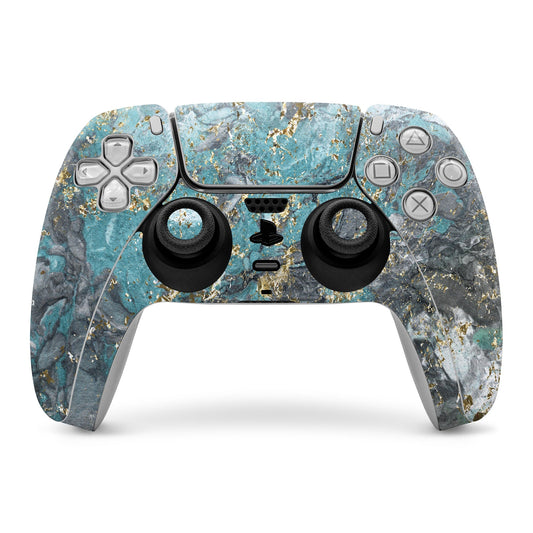 PS5 controller skin, blue marble with gold flecks; cutouts for buttons and sticks