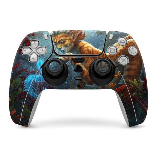 PS5 controller skin with colorful fantasy animal and leaf artwork over buttons