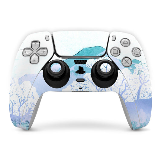 PS5 controller skin with blue mountain landscape, textured joystick and button cutouts