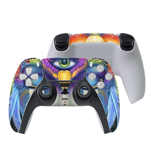 PS5 controller skin with purple, blue and orange eye graphic, cutout grips