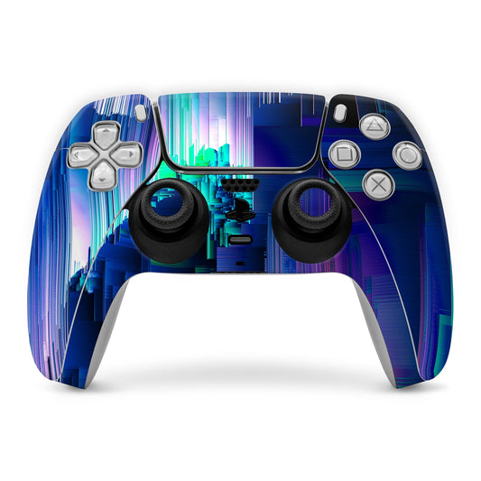 Sony PS5 controller skin with blue glitch city graphic and button icons over grips